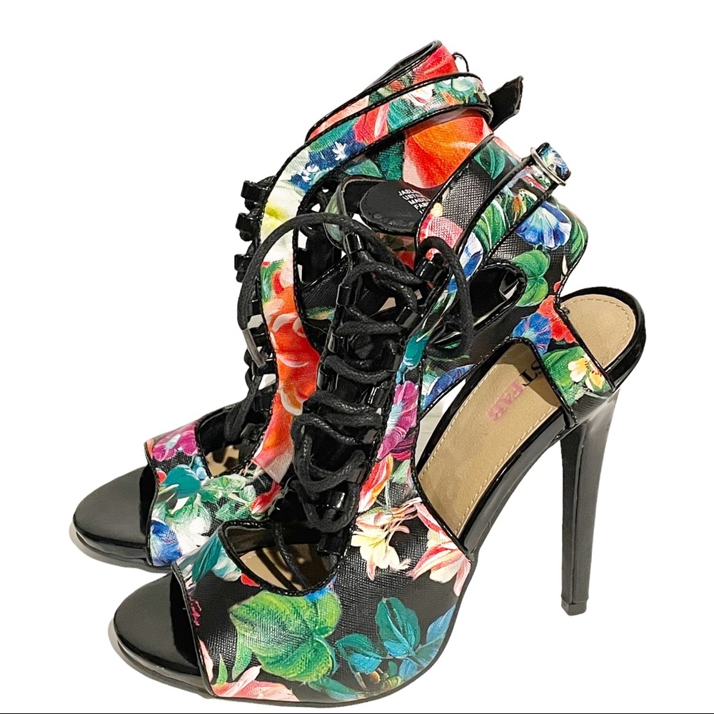 Just Fab Size 7 Black Floral Lace Up Open Toe Heels Shoes